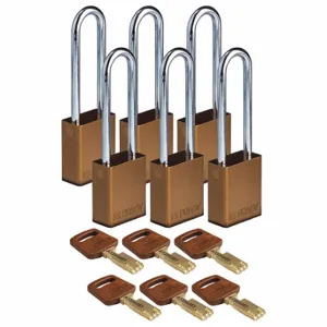 BRADY ALU-BRN-76ST-KD6PK Lockout Padlock, Keyed Different, Aluminum, Std Body Body Size, Steel, Extended, Brown | CP2FDQ 55JZ30