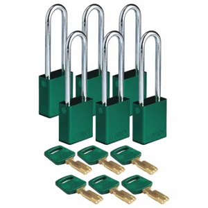 BRADY ALU-GRN-76ST-KA6PK Lockout Padlock, Keyed Alike, Aluminum, Std Body Body Size, Steel, Extended, Green | CP2FAW 55JZ16