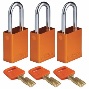 BRADY ALU-ORG-38ST-KA3PK Lockout Padlock, Keyed Alike, Aluminum, Std Body Body Size, Steel, Std, Orange | CP2FBL 55JY28