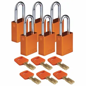 BRADY ALU-ORG-38ST-KD6PK Lockout Padlock, Keyed Different, Aluminum, Std Body Body Size, Steel, Std, Orange | CP2FEH 55JY46