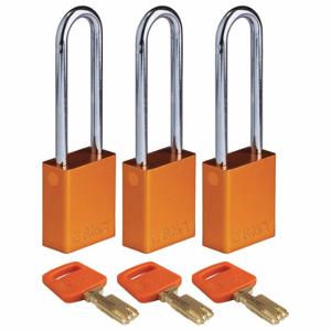 BRADY ALU-ORG-76ST-KA3PK Lockout-Vorhängeschloss, gleichschließend, Aluminium, Standardgehäusegröße, Stahl, verlängert, Orange | CP2FAX 55JY55