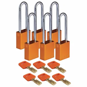 BRADY ALU-ORG-76ST-KA6PK Lockout Padlock, Keyed Alike, Aluminum, Std Body Body Size, Steel, Extended, Orange | CP2FHD 55JZ19