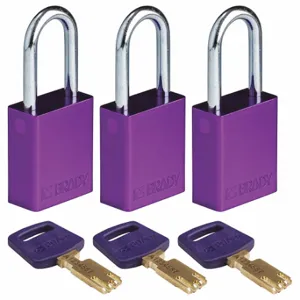 BRADY ALU-PRP-38ST-KA3PK Lockout Padlock, Keyed Alike, Aluminum, Std Body Body Size, Steel, Std, Purple | CP2FHF 55JY29