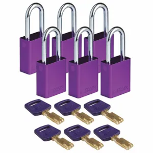 BRADY ALU-PRP-38ST-KD6PK Lockout Padlock, Keyed Different, Aluminum, Std Body Body Size, Steel, Std, Purple | CP2FEK 55JY47