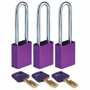 BRADY ALU-PRP-76ST-KA3PK Lockout Padlock, Keyed Alike, Aluminum, Std Body Body Size, Steel, Extended, Purple | CP2FAY 55JY56