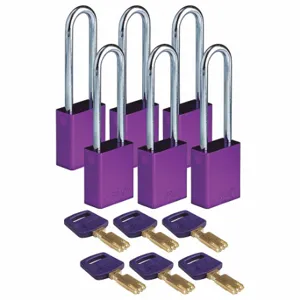 BRADY ALU-PRP-76ST-KD6PK Lockout Padlock, Keyed Different, Aluminum, Std Body Body Size, Steel, Extended, Purple | CP2FDV 55JZ29