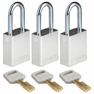 BRADY ALU-SLV-38ST-KA3PK Lockout Padlock, Keyed Alike, Aluminum, Std Body Body Size, Steel, Std, Silver | CP2FBP 55JY31