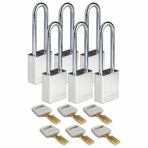 BRADY ALU-SLV-76ST-KA6PK Lockout Padlock, Keyed Alike, Aluminum, Std Body Body Size, Steel, Extended, Silver | CP2FBB 55JZ22