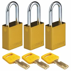 BRADY ALU-YLW-38ST-KA3PK Lockout Padlock, Keyed Alike, Aluminum, Std Body Body Size, Steel, Std, Yellow | CP2FBQ 55JY24