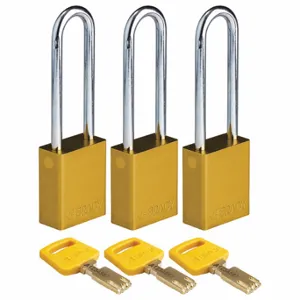 BRADY ALU-YLW-76ST-KA3PK Lockout Padlock, Keyed Alike, Aluminum, Std Body Body Size, Steel, Extended, Yellow | CP2FBC 55JY51