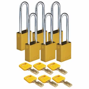 BRADY ALU-YLW-76ST-KD6PK Lockout Padlock, Keyed Different, Aluminum, Std Body Body Size, Steel, Extended, Yellow | CP2FEA 55JZ24