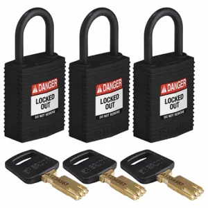 BRADY CPT-BLK-25PL-KA3PK Lockout Padlock, Keyed Alike, Nylon, Compact Body Body Size, Plastic, Std, Black | CP2FBT 55JY63