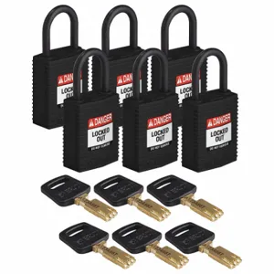 BRADY CPT-BLK-25PL-KD6PK Lockout Padlock, Keyed Different, Nylon, Compact Body Body Size, Plastic, Std, Black | CP2FER 55JY81