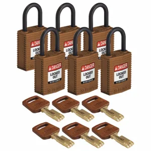 BRADY CPT-BRN-25PL-KD6PK Lockout Padlock, Keyed Different, Nylon, Compact Body Body Size, Plastic, Std, Brown | CP2FEU 55JY84