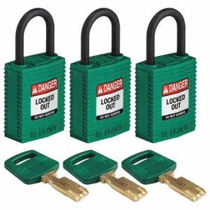 BRADY CPT-GRN-25PL-KA3PK Lockout Padlock, Keyed Alike, Nylon, Compact Body Body Size, Plastic, Std, Green | CP2FBX 55JY61