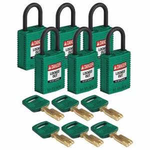 BRADY CPT-GRN-25PL-KA6PK Lockout Padlock, Keyed Alike, Nylon, Compact Body Body Size, Plastic, Std, Green | CP2FBY 55JY70