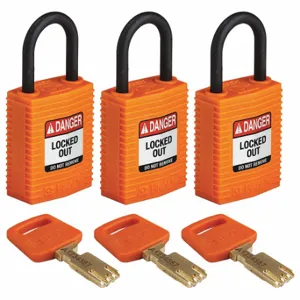 BRADY CPT-ORG-25PL-KA3PK Lockout Padlock, Keyed Alike, Nylon, Compact Body Body Size, Plastic, Std, Orange | CP2FBZ 55JY64