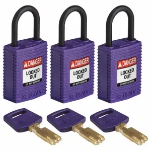 BRADY CPT-PRP-25PL-KA3PK Lockout Padlock, Keyed Alike, Nylon, Compact Body Body Size, Plastic, Std, Purple | CP2FCB 55JY65