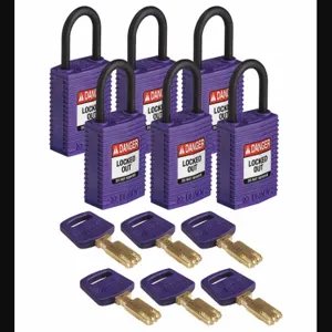 BRADY CPT-PRP-25PL-KD6PK Lockout Padlock, Keyed Different, Nylon, Compact Body Body Size, Plastic, Std, Purple | CP2FFA 55JY83