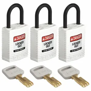 BRADY CPT-WHT-25PL-KA3PK Lockout Padlock, Keyed Alike, Nylon, Compact Body Body Size, Plastic, Std, White | CP2FCD 55JY67