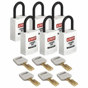 BRADY CPT-WHT-25PL-KA6PK Lockout Padlock, Keyed Alike, Nylon, Compact Body Body Size, Plastic, Std, White | CP2FGY 55JY76