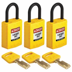 BRADY CPT-YLW-25PL-KA3PK Lockout Padlock, Keyed Alike, Nylon, Compact Body Body Size, Plastic, Std, Yellow | CP2FCE 55JY60