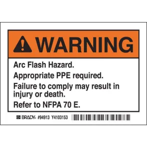 BRADY EL-1 Arc Flash Warning Label 3-1/2 Inch H - Pack Of 5 | AF4QYQ 9GCT6