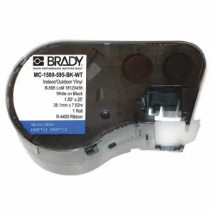 BRADY MC-1500-595-BK-WT Continuous Label Roll Cartridge, 1 1/2 Inch X 25 Ft, Vinyl, White On Black, Outdoor | CP2BAU 21U202