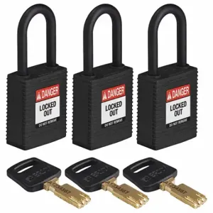 BRADY NYL-BLK-38PL-KA3PK Lockout Padlock, Keyed Alike, Nylon, Std Body Body Size, Plastic, Std, Black, 3 Pack Size | CP2FGX 55JX90