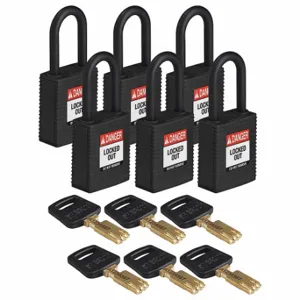 BRADY NYL-BLK-38PL-KD6PK Lockout Padlock, Keyed Different, Nylon, Std Body Body Size, Plastic, Std, Black | CP2FFH 55JY09