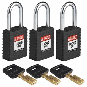 BRADY NYL-BLK-38ST-KA3PK Lockout Padlock, Keyed Alike, Nylon, Std Body Body Size, Steel, Std, Black, 3 Pack Size | CP2FCX 55JX63