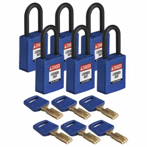 BRADY NYL-BLU-38PL-KA6PK Lockout Padlock, Keyed Alike, Nylon, Std Body Body Size, Plastic, Std, Blue, 6 Pack Size | CP2FCH 55JX98