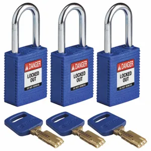 BRADY NYL-BLU-38ST-KA3PK Lockout Padlock, Keyed Alike, Nylon, Std Body Body Size, Steel, Std, Blue, 3 Pack Size | CP2FGW 55JX62