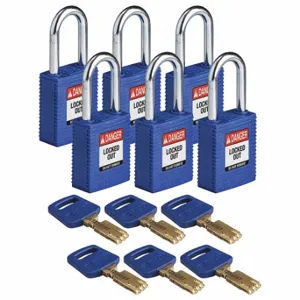 BRADY NYL-BLU-38ST-KA6PK Lockout Padlock, Keyed Alike, Nylon, Std Body Body Size, Steel, Std, Blue, 6 Pack Size | CP2FHG 55JX71