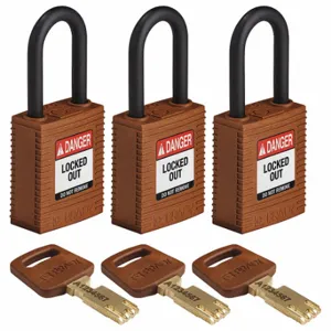 BRADY NYL-BRN-38PL-KA3PK Lockout Padlock, Keyed Alike, Nylon, Std Body Body Size, Plastic, Std, Brown, 3 Pack Size | CP2FCJ 55JX93