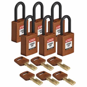 BRADY NYL-BRN-38PL-KA6PK Lockout Padlock, Keyed Alike, Nylon, Std Body Body Size, Plastic, Std, Brown, 6 Pack Size | CP2FCK 55JY03