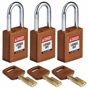 BRADY NYL-BRN-38ST-KA3PK Lockout Padlock, Keyed Alike, Nylon, Std Body Body Size, Steel, Std, Brown, 3 Pack Size | CP2FHM 55JX66