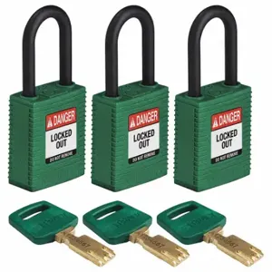 BRADY NYL-GRN-38PL-KA3PK Lockout Padlock, Keyed Alike, Nylon, Std Body Body Size, Plastic, Std, Green, 3 Pack Size | CP2FCL 55JX88