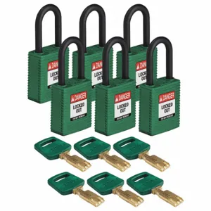 BRADY NYL-GRN-38PL-KA6PK Lockout Padlock, Keyed Alike, Nylon, Std Body Body Size, Plastic, Std, Green, 6 Pack Size | CP2FGZ 55JX97