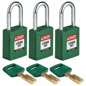 BRADY NYL-GRN-38ST-KA3PK Lockout Padlock, Keyed Alike, Nylon, Std Body Body Size, Steel, Std, Green, 3 Pack Size | CP2FCZ 55JX61