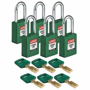 BRADY NYL-GRN-38ST-KA6PK Lockout Padlock, Keyed Alike, Nylon, Std Body Body Size, Steel, Std, Green, 6 Pack Size | CP2FDA 55JX70