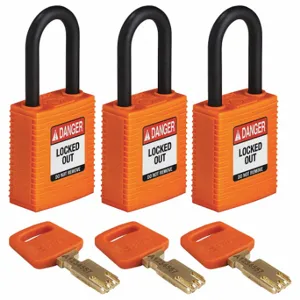 BRADY NYL-ORG-38PL-KA3PK Lockout Padlock, Keyed Alike, Nylon, Std Body Body Size, Plastic, Std, Orange, 3 Pack Size | CP2FCM 55JX91