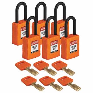 BRADY NYL-ORG-38PL-KA6PK Lockout-Vorhängeschloss, gleichschließend, Nylon, Standard-Körpergröße, Kunststoff, Standard, Orange, 6er-Packgröße | CP2FCN 55JY01