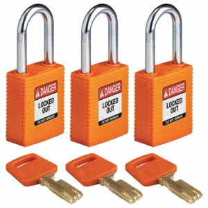 BRADY NYL-ORG-38ST-KA3PK Lockout Padlock, Keyed Alike, Nylon, Std Body Body Size, Steel, Std, Orange, 3 Pack Size | CP2FDB 55JX64