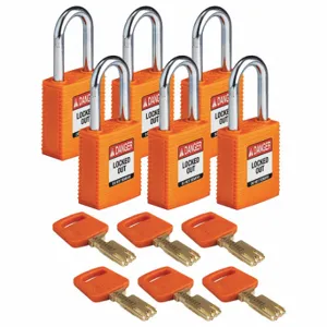 BRADY NYL-ORG-38ST-KA6PK Lockout Padlock, Keyed Alike, Nylon, Std Body Body Size, Steel, Std, Orange, 6 Pack Size | CP2FDC 55JX73