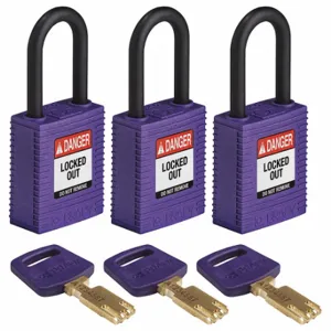 BRADY NYL-PRP-38PL-KA3PK Lockout Padlock, Keyed Alike, Nylon, Std Body Body Size, Plastic, Std, Purple, 3 Pack Size | CP2FCP 55JX92