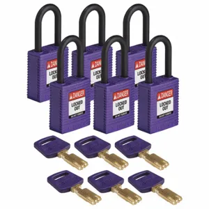 BRADY NYL-PRP-38PL-KD6PK Lockout Padlock, Keyed Different, Nylon, Std Body Body Size, Plastic, Std, Purple | CP2FFT 55JY11