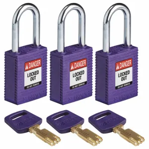 BRADY NYL-PRP-38ST-KA3PK Lockout Padlock, Keyed Alike, Nylon, Std Body Body Size, Steel, Std, Purple, 3 Pack Size | CP2FDD 55JX65