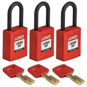 BRADY NYL-RED-38PL-KA3PK Lockout Padlock, Keyed Alike, Nylon, Std Body Body Size, Plastic, Std, Red, 3 Pack Size | CP2FCR 55JX86