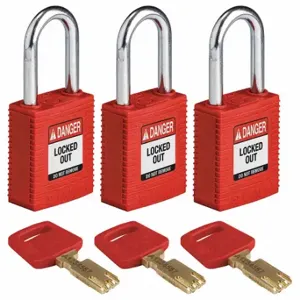 BRADY NYL-RED-38ST-KA3PK Lockout Padlock, Keyed Alike, Nylon, Std Body Body Size, Steel, Std, Red, 3 Pack Size | CP2FDE 55JX59